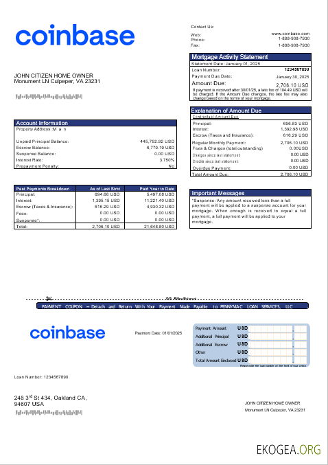Relevé d'hypothèque USA Coinbase aux formats Word et PDF